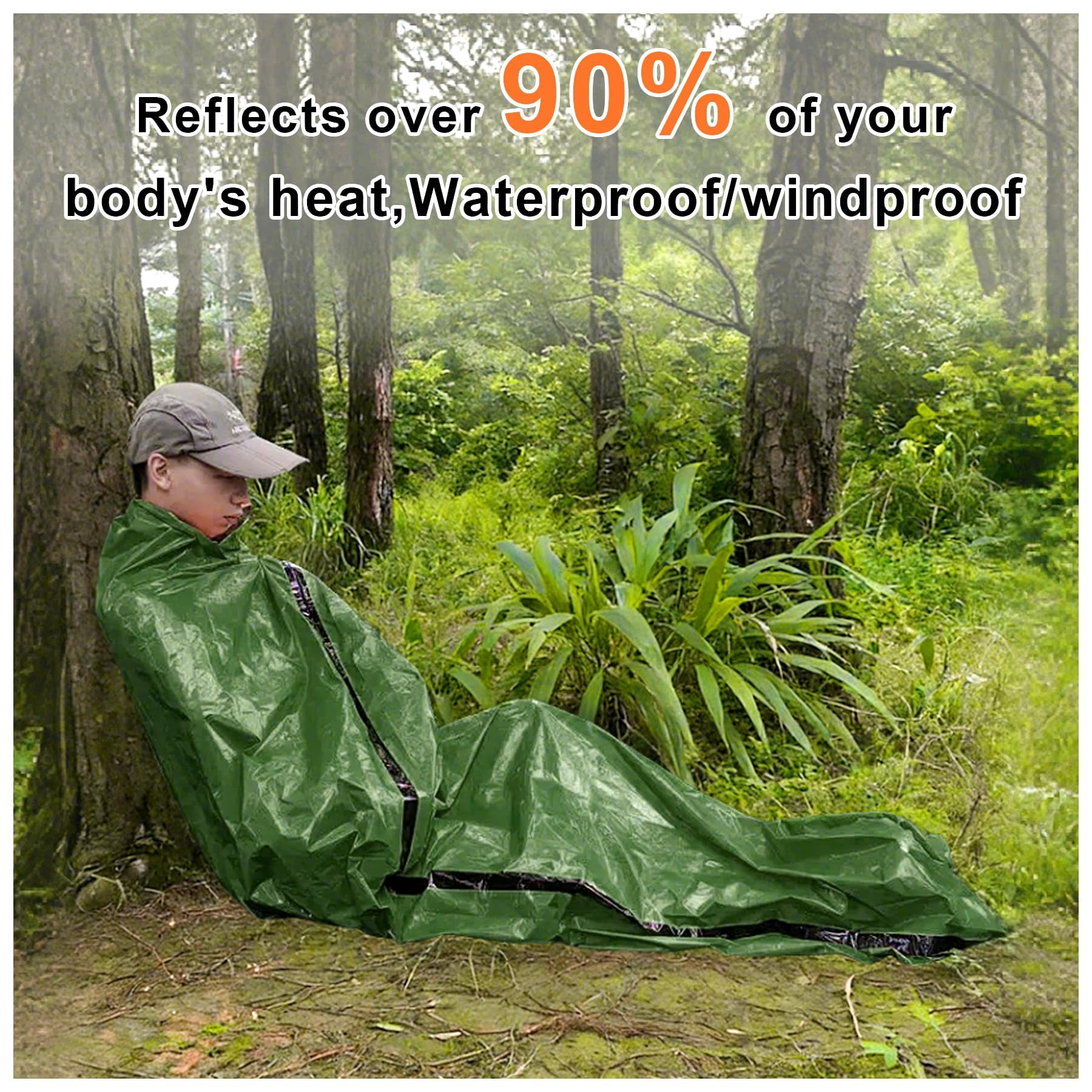 Bivy Sack Survival Sleeping Bag, Waterproof Survival Sleeping Bag with Emergency Whistle, Portable Thermal Emergency Bivy Bags for Camping Hiking Outdoor Survival （Green, 2PC)