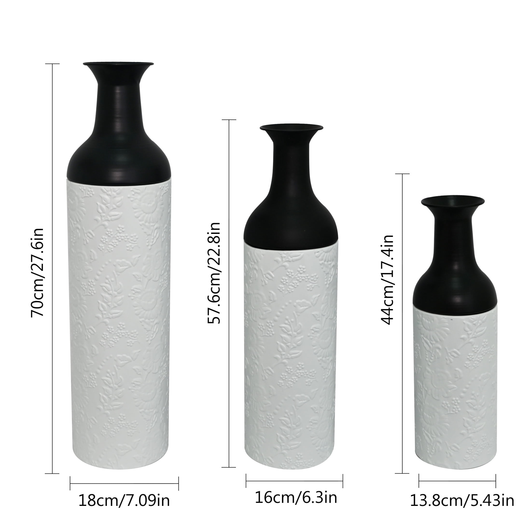 Noble House Set of 3 Decorative Metal Floor Vases, Tall Floral Pattern Vases for Home Decor, Black+White
