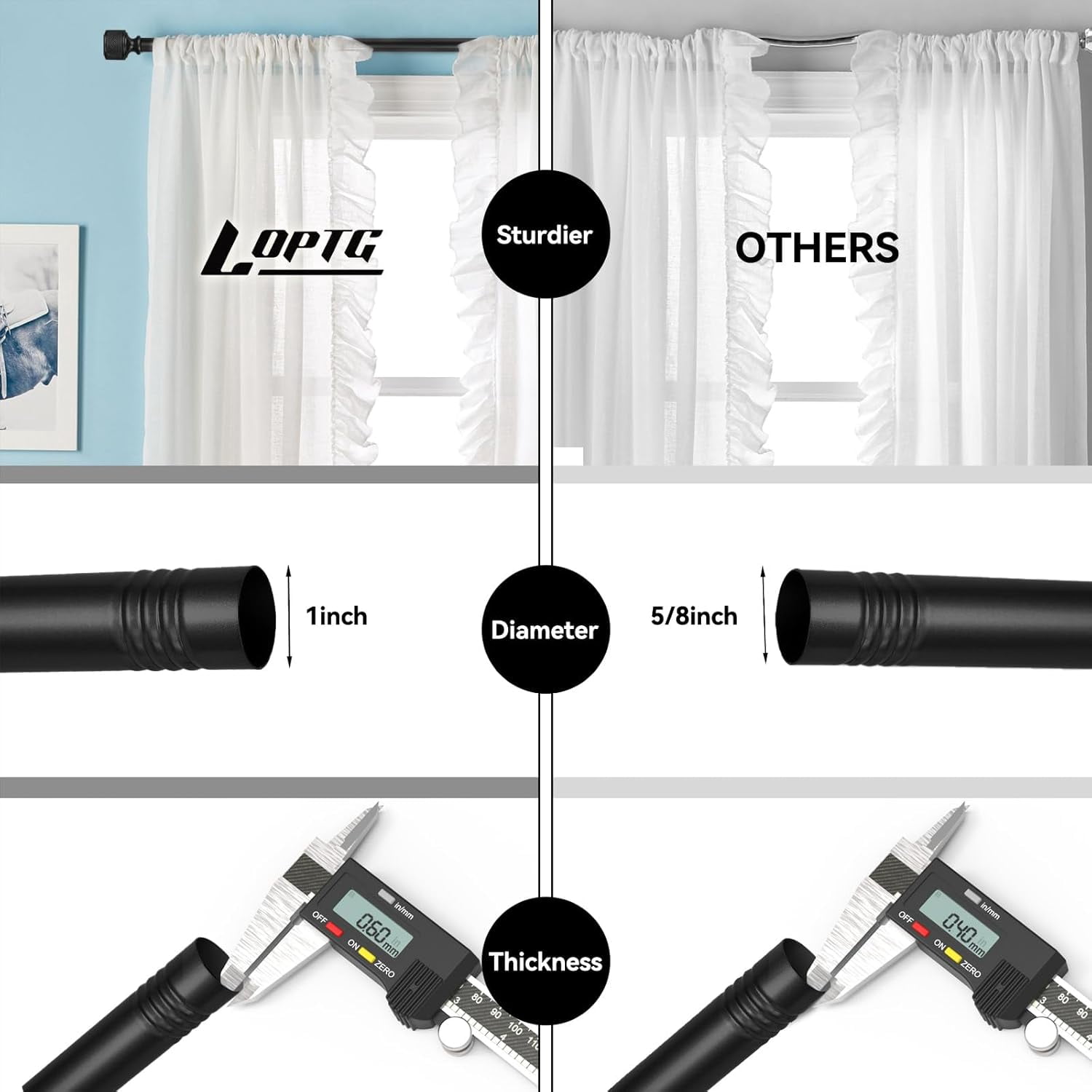 Curtain Rods for Windows 18 to 37 Inch, 1 Inch Diameter Modern Adjustable Decorative Drapery Rods, Window Curtain Rod with Dumbbell Design Finials, Black with Gold edge Finishing, Size:18"-45"