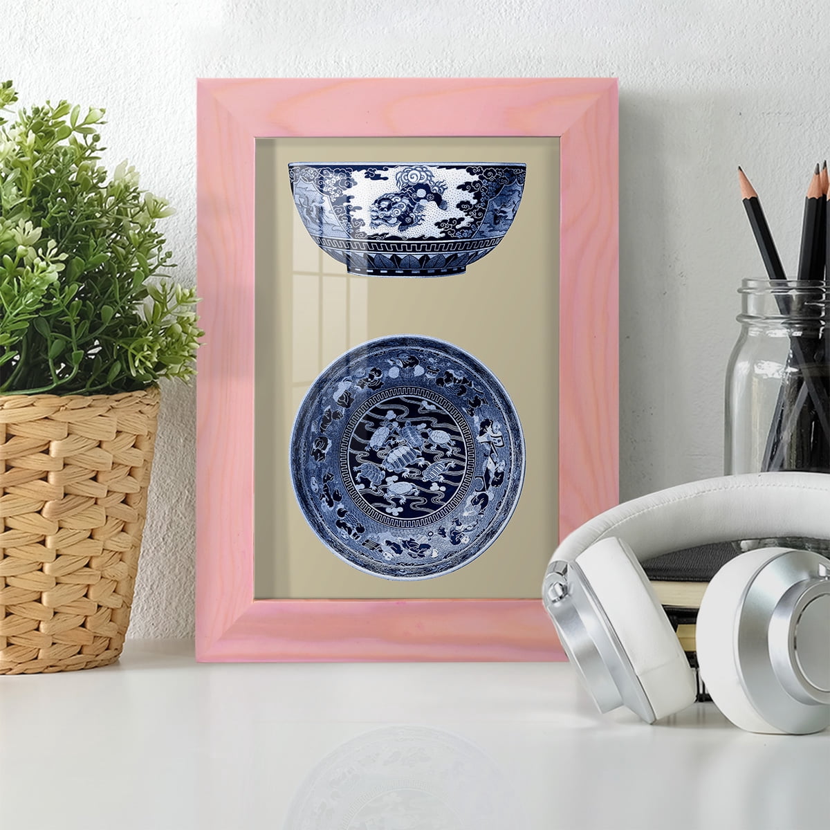 Porcelain in Blue and White I -Framed Print w/glass-Sunset Pink