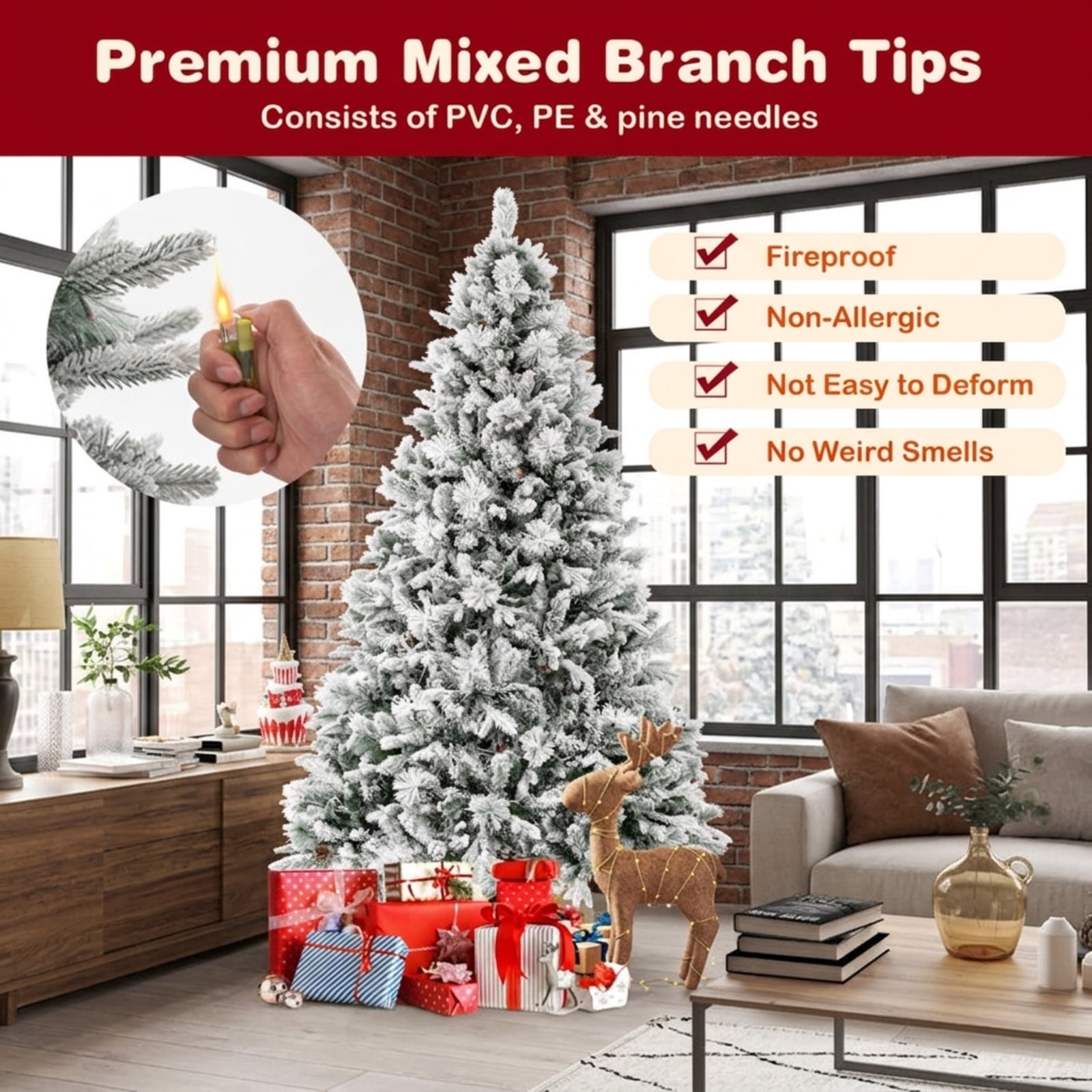 RUIE 7 ft Flocked Artificial Christmas Tree with Pine Cones, Pre-Lit Green White Xmas Tree, 320 LED Lights and 1270 Branch Tips
