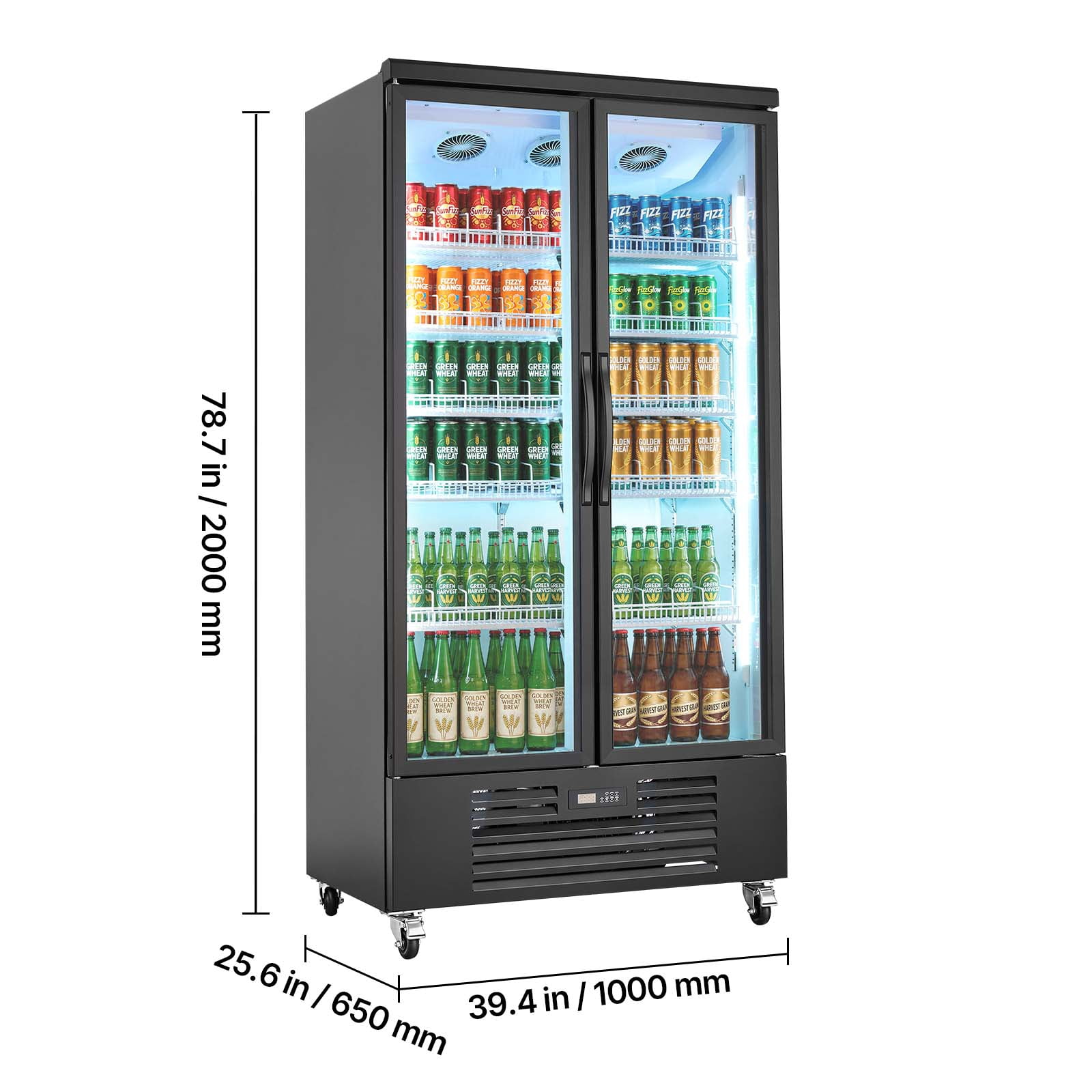 VEVOR Commercial Merchandiser Refrigerator, 24.9 Cu.Ft / 705L Upright Beverage Cooler, 2 Glass Door Display Refrigerator with 5 Adjustable Shelves,Soft LED Light & Casters for Bars Shops Supermarkets