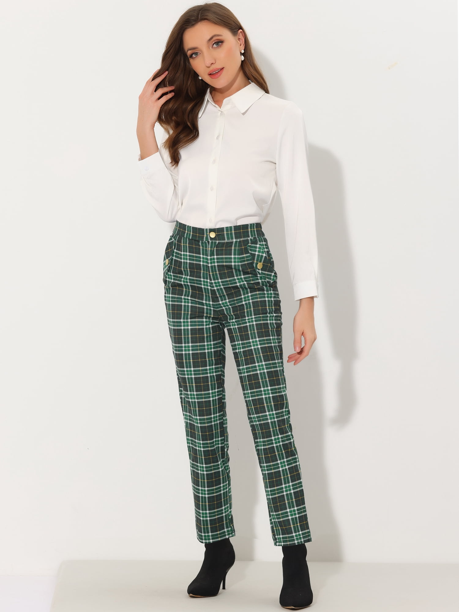 DARING DIVA Women's Tartan Plaid Pants Elastic Waist Straight Trousers L Green White