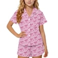 thumbnail image 3 of Babcutegg Summer Printed Short Sleeve Two-Piece Set for Kids – Turn-Down Collar Top with Matching Shorts, Lightweight Homewear Outfit for Warm Weather Pink Size 11-12, 3 of 8