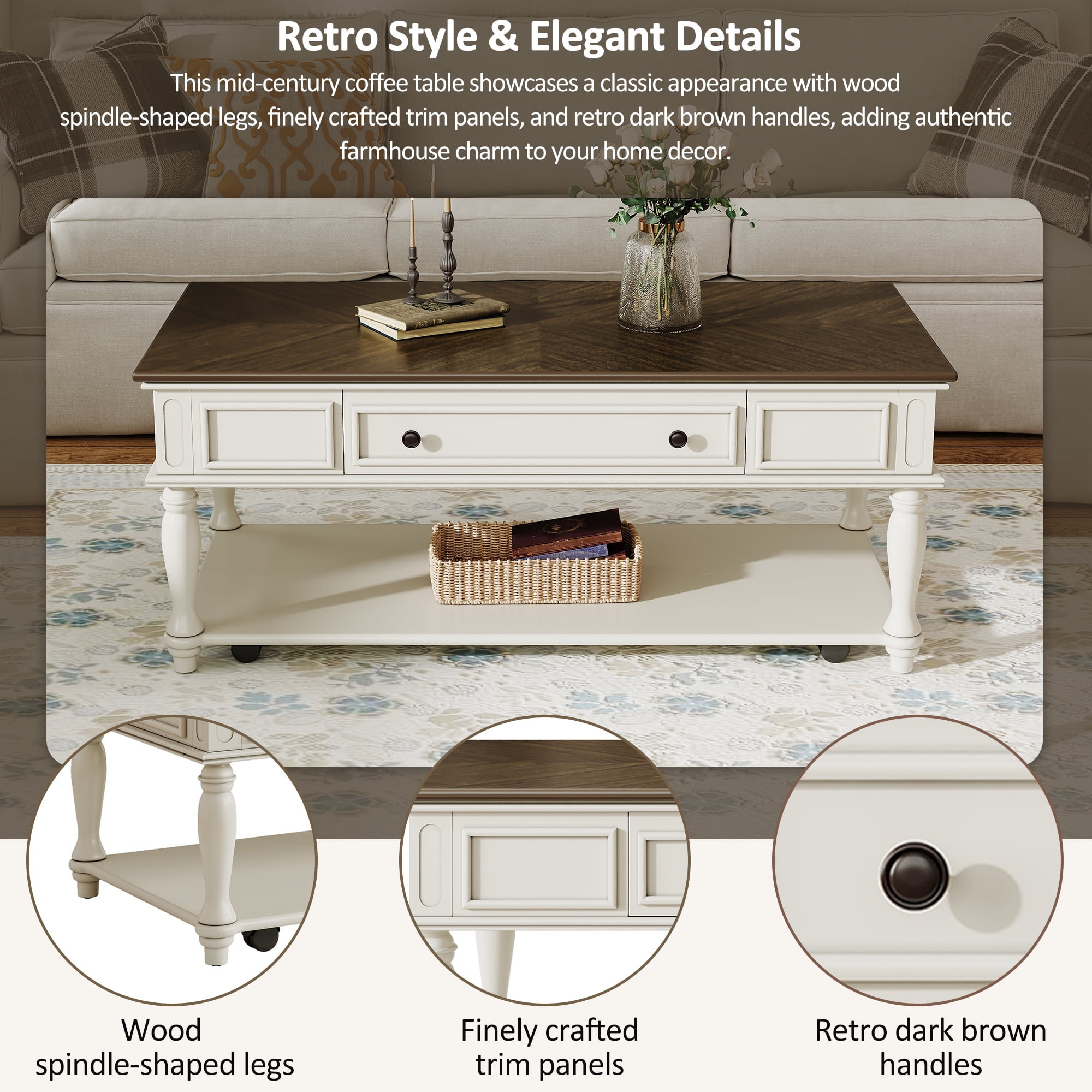 Euroco Farmhouse Coffee Table with One Drawer, Easy Assembly, Retro Movable Rectangular Cocktail Table with Lockable Wheels, Country Style Center Table with Solid Wood Legs