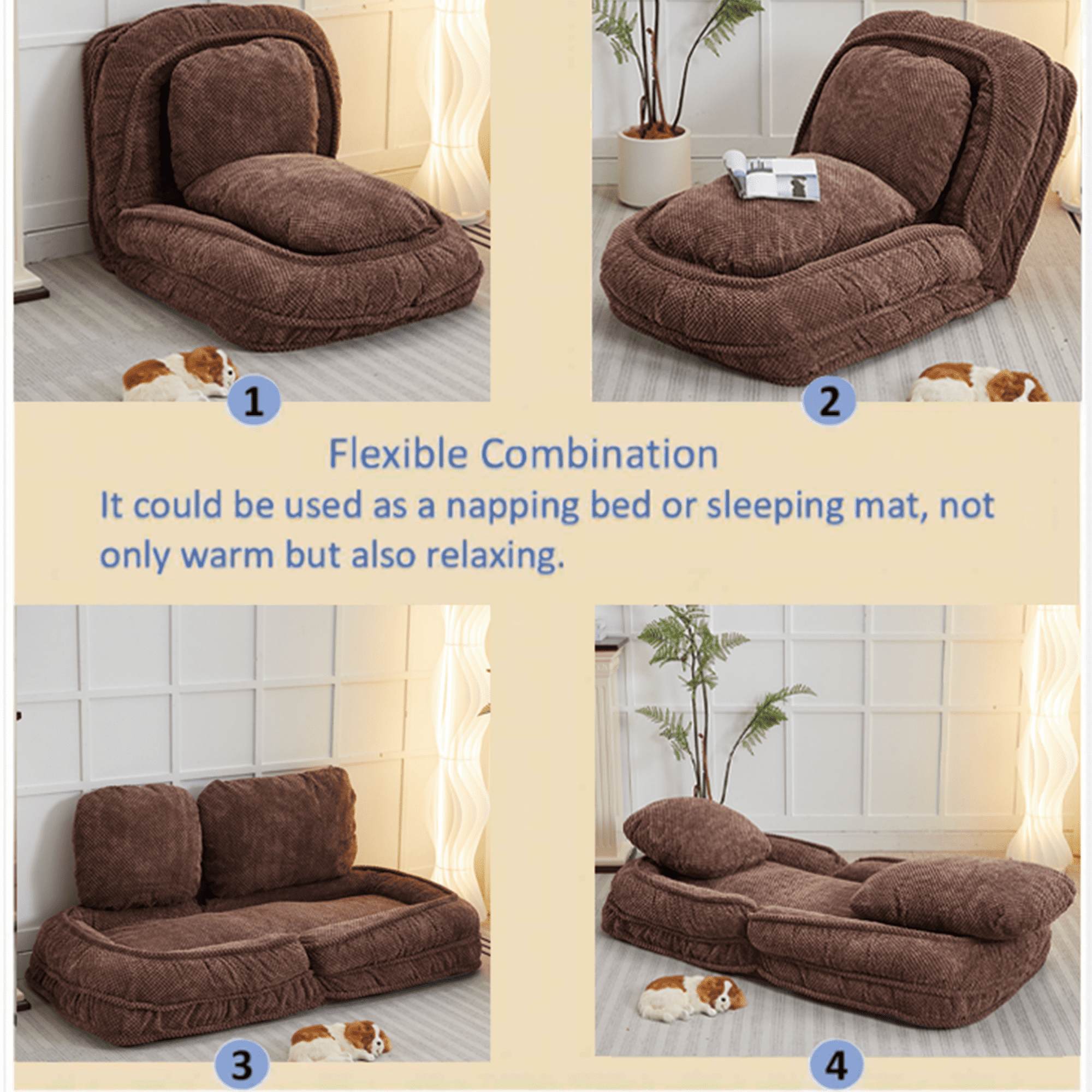 Aukfa Fold Lazy Sofa Bed,Floor Chair Small Couch with 5&nbsp;Adjustable for Living Room, Brown