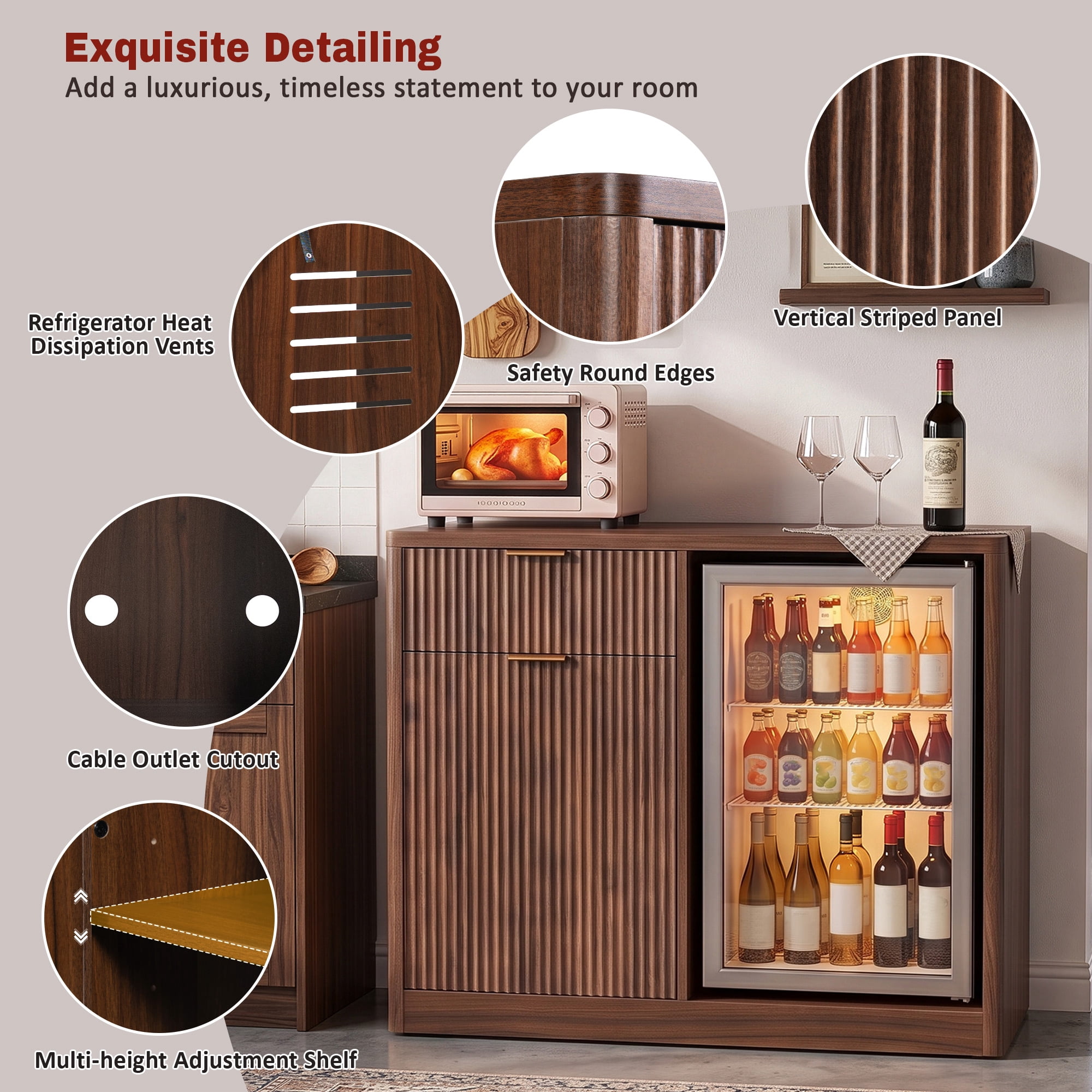 Mintazer 39" Modern Fluted Coffee Bar Cabinet with Fridge Space & Charging Station, Sideboard Beverage Station with Wine Glass Rack & Adjustable Shelves for Dining Room Living Room Apartment, Walnut