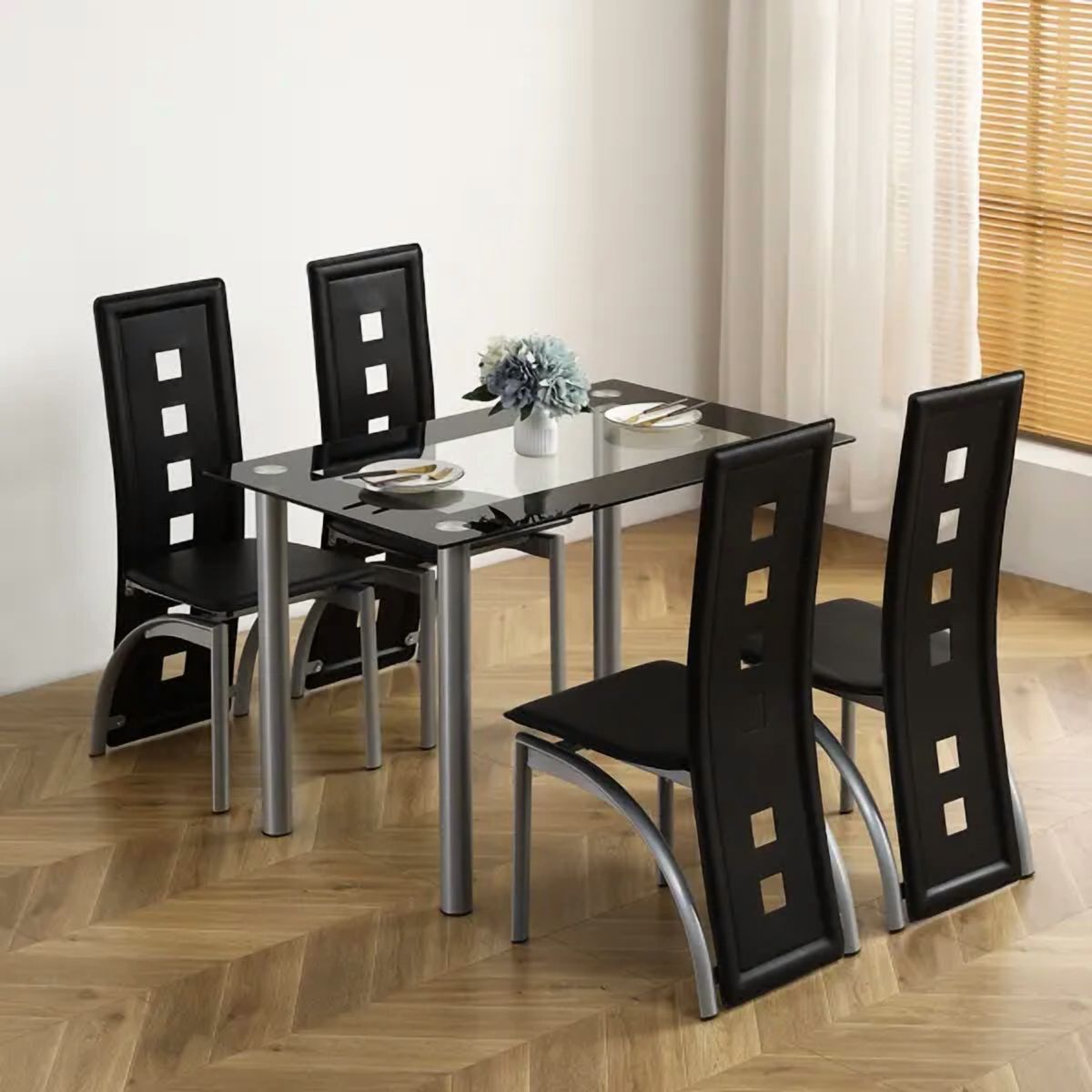 5-Piece Dining Table Set with Tempered Glass Top and 4 Chairs – Black & Silver Modern Kitchen Dining Furniture