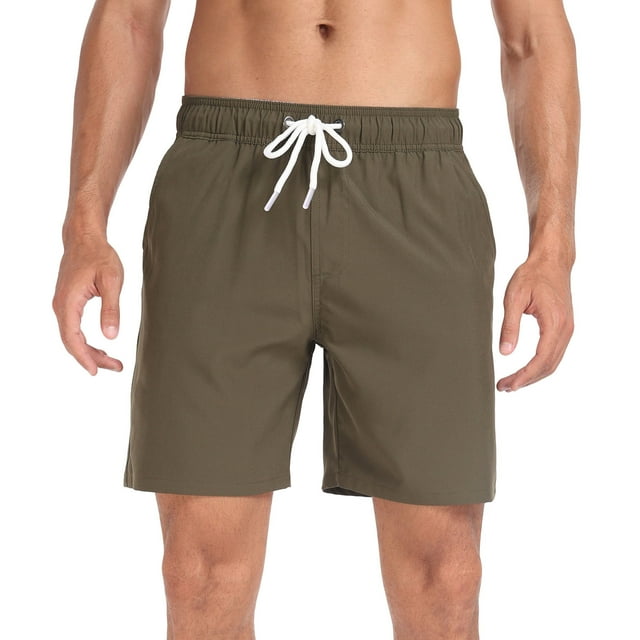 Men's Plus Size Quick Dry Swim Trunks, 4-Way Stretch Elastic Waist Multi-Pocket Loose Beach Pool Vacation Bathing Shorts,Brown,S