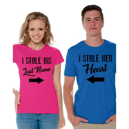Awkward Styles I Stole His Last Name Shirt I Stole Her Heart T Shirt for Couples Cute Matching Couple Shirts Happy Valentines Day Love Gift for Couple Husband and Wife Couple T Shirts Anniversary