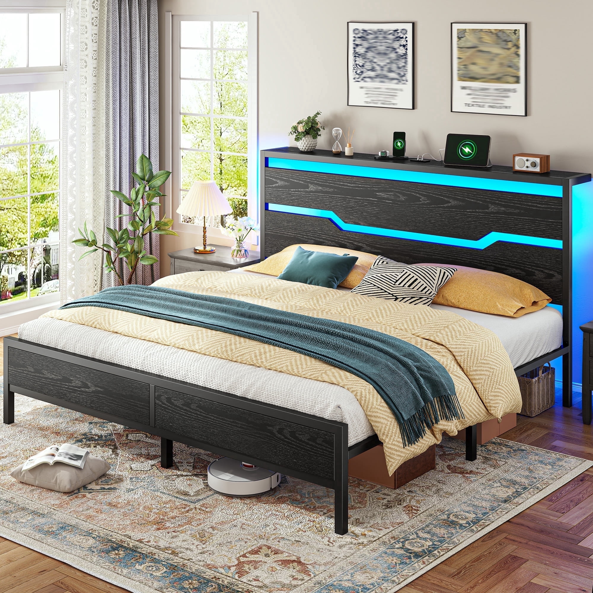 EnHomee  Metal Bed Frame with Headboard  King Size Metal Bed Frame with Storage & Charge Station & LED Lights & 13" Under-Bed Storage, Black