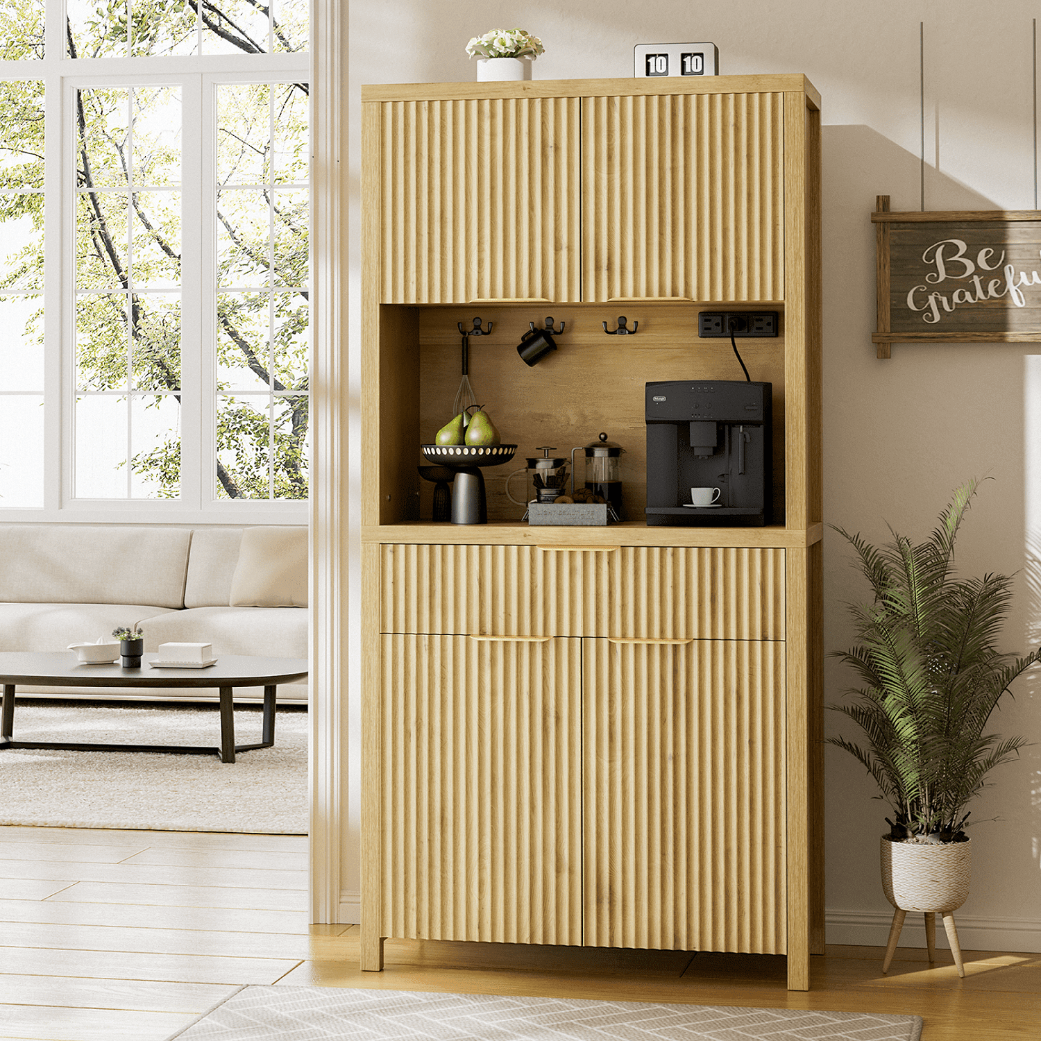 Aufeile 71" Tall Pantry with Drawer and Charging Station, Fluted Pantry Storage Cabinet with Adjustable Shelves for Kitchen Dining Room Living Room, Natural Oak