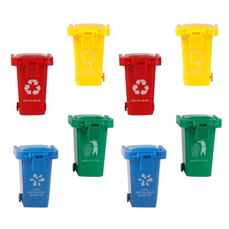 WEAVILUX Mini Garbage Bin Toy Set 8 Pieces Plastic Assorted Colors for Kids Garbage Sorting and Recycling Play