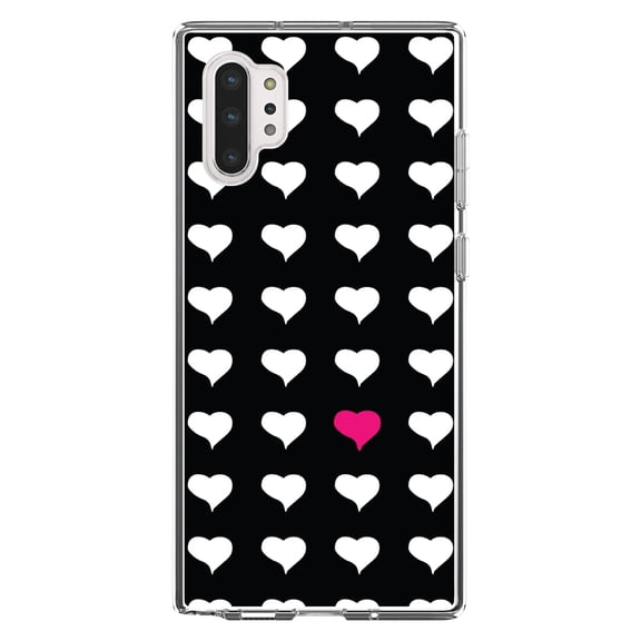 DistinctInk Clear Shockproof Hybrid Case for Galaxy Note 10 PLUS (6.8" Screen) - TPU Bumper, Acrylic Back, Tempered Glass Screen Protector - Pink White Black Repeating Hearts