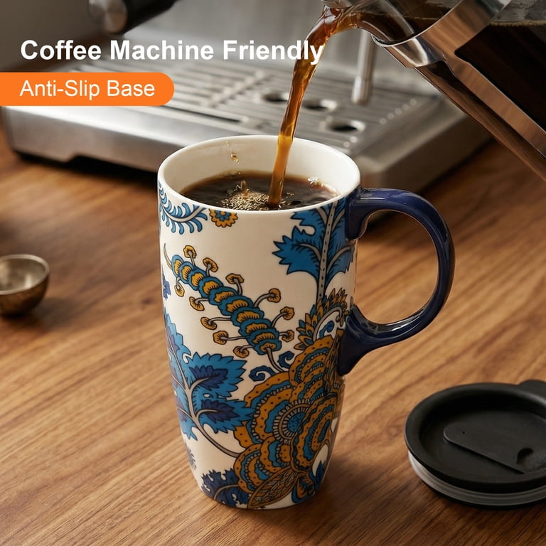 Ceramic Mug with Lid and Handle,17oz. Tall Coffee Cup for Home,Party and Birthday,Blue Flower