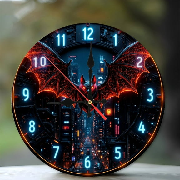 Bat Themed Wall Clock with Glowing LED Lights 10-Inch Silent Wooden Wall Clock, Battery Operated (AA Batteries Not Included), Artistic Home Decor