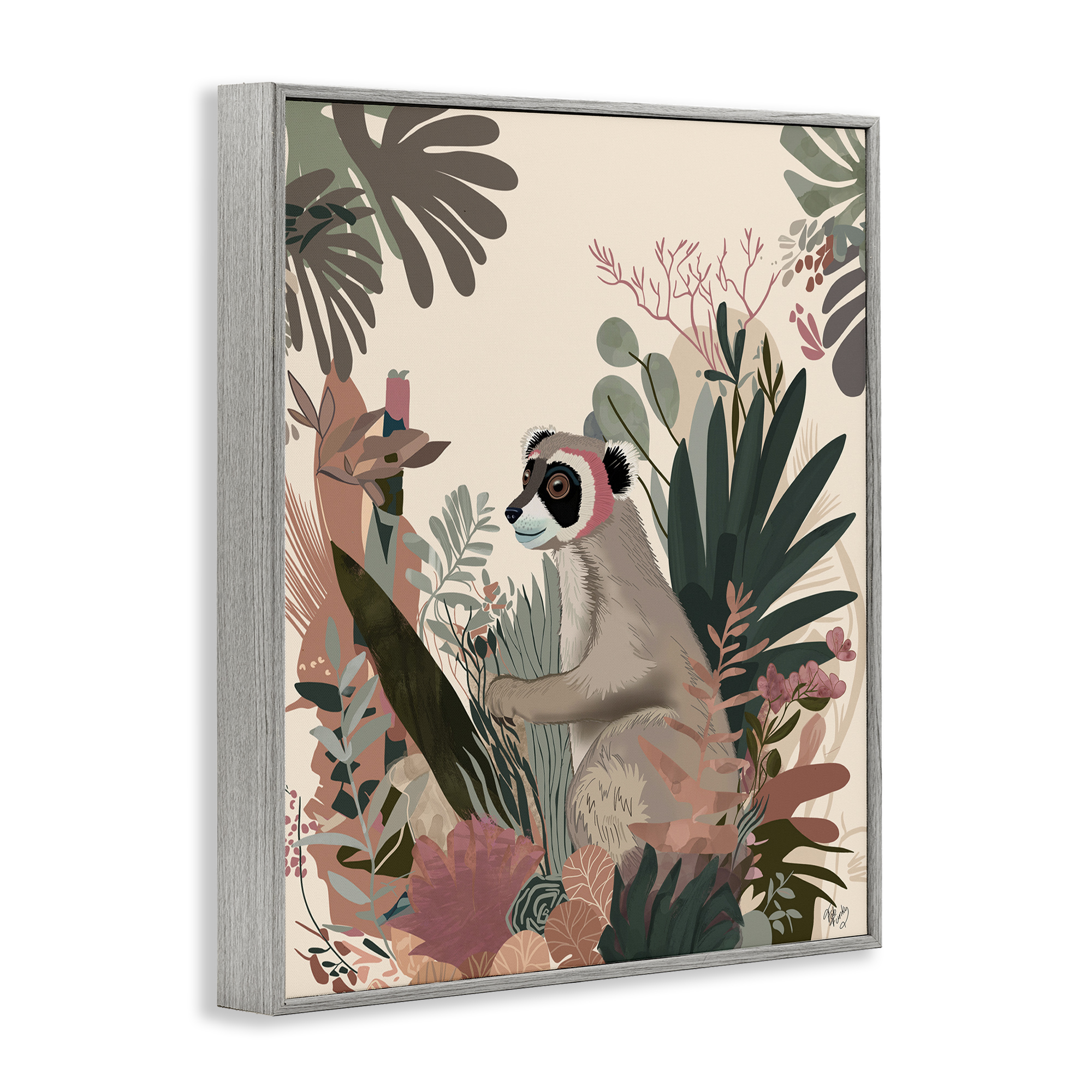 Stupell Industries Happy Lemur & Plants Animals & Insects Painting Gray Framed Art Print Wall Art, 11 x 14
