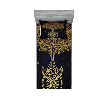 Ambesonne Tribal Fitted Sheet & Pillow Sham Set, Night Stars Abstract, Twinxl, Dark Blue Yellow