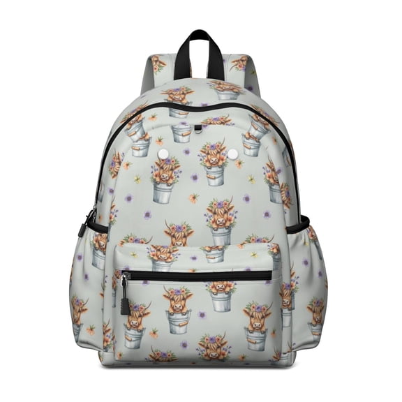 Highland Cow and Flower Print Cute School Backpack with Padded Back and Adjustable Shoulder Straps 13.4"x11"x4.7"