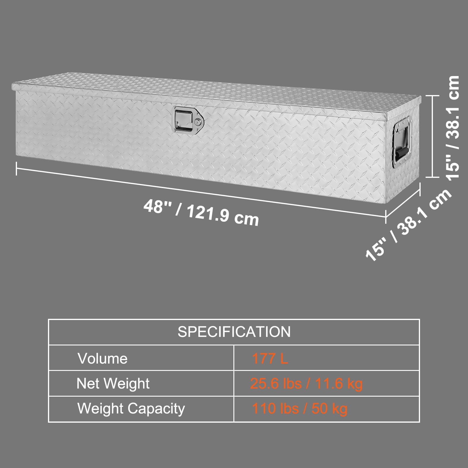 VEVOR Truck Tool Box 48"x15"x15" Aluminum Alloy Waterproof Bar Tread Tool Box Tool Storage Organizer for Pick Up Truck Bed