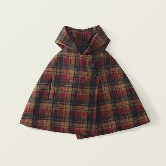 Girls' Padded Hooded Wool Coat Winter Thickened Plaid Girls' Cloak Jacket Shawl 1-10Y