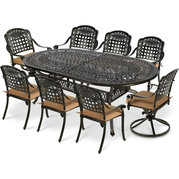 VIVIJASON 9-Piece Patio Furniture Dining Set, All-Weather Cast Aluminum Outdoor Conversation Set, Include 6 Stationary Chairs, 2 Swivel Dining Chairs and an Oval Table with Umbrella Hole