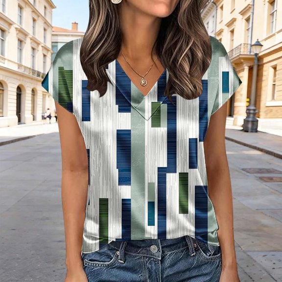 Zivyakyron T Shirts for Women V-Neck Short Sleeve Summer Women's Tops Loose Holiday Tunic Print Casual Tops
