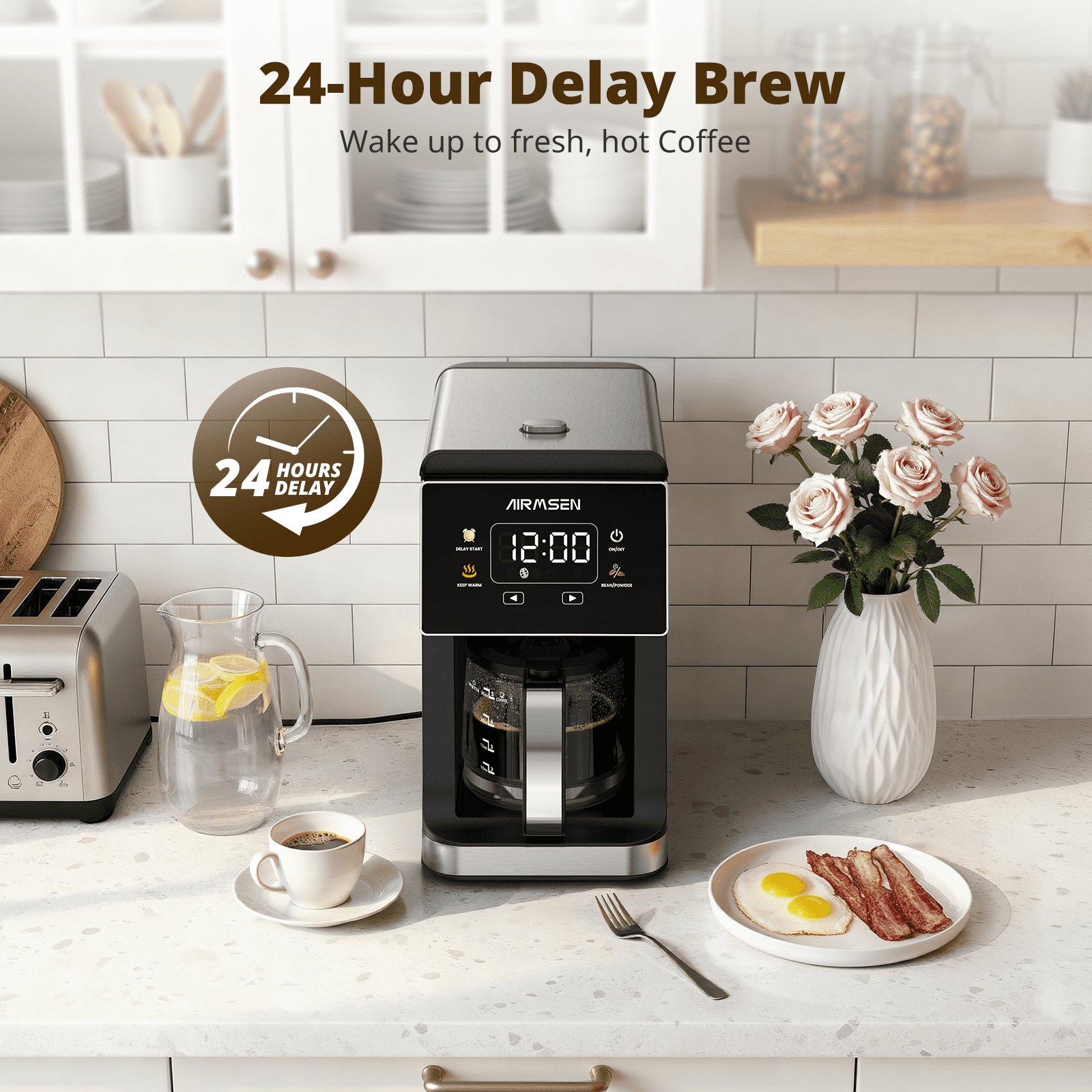 AIRMSEN 2 in 1 Drip Coffee Maker with Grinder, Compact 5-Cup Programmable Coffee Machine, 3 Grind Settings, 24-Hour Delay Brew & Extended Keep Warm