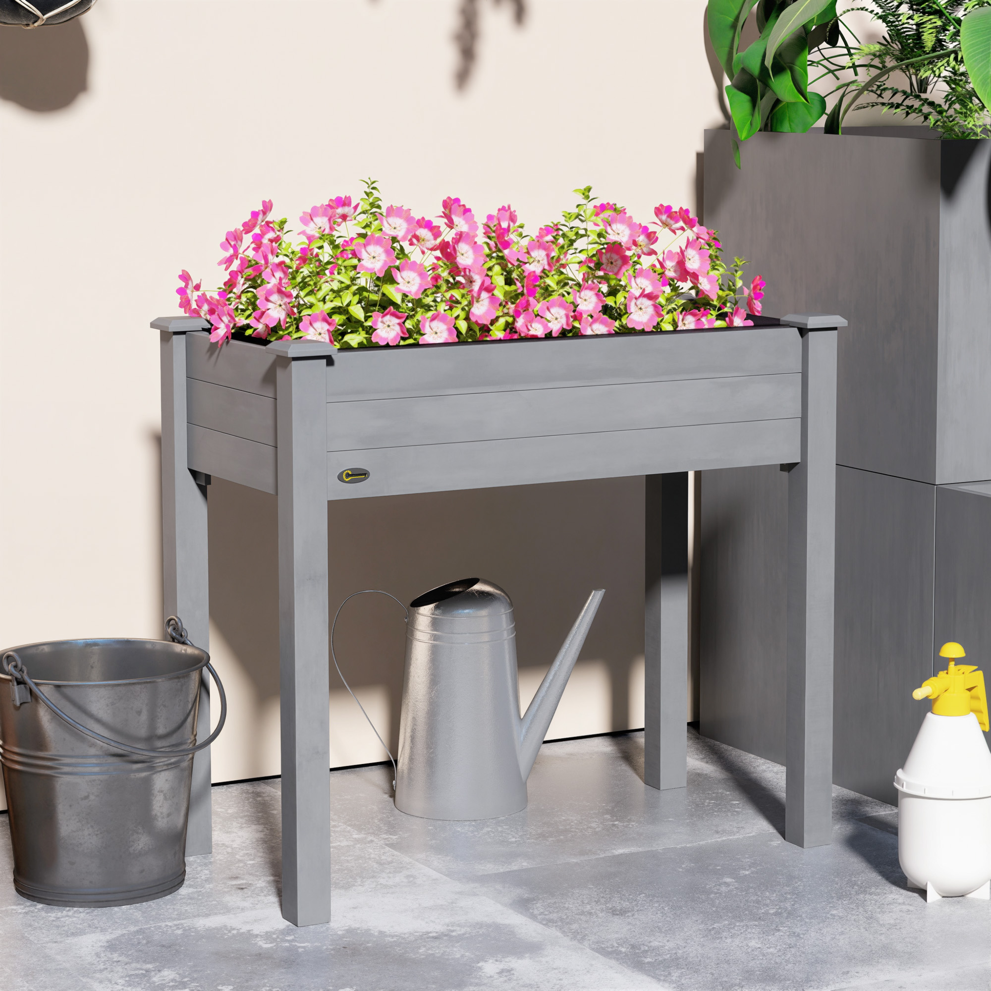 Outsunny 34" Raised Garden Bed, Elevated Wooden Planter Box w/ Draining Holes for Vegetables, Herb and Flowers Backyard, Patio, Balcony Use, Dark Gray