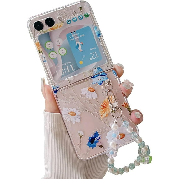 Compatible with Galaxy Z Flip 5 Floral Case Flower Pattern Transparent Bead Chain Wrist Strap TPU Soft Lovely Protection Fashion Cute Shockproof Cover for Women Girls