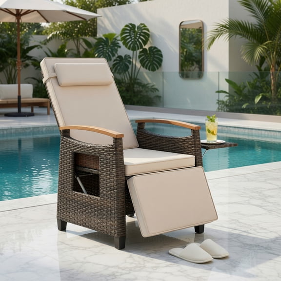 Spaco Single Patio Recliner Chair, Weatherproof Wicker Lounger with Adjustable Backrest & Retractable Footrest, Brown