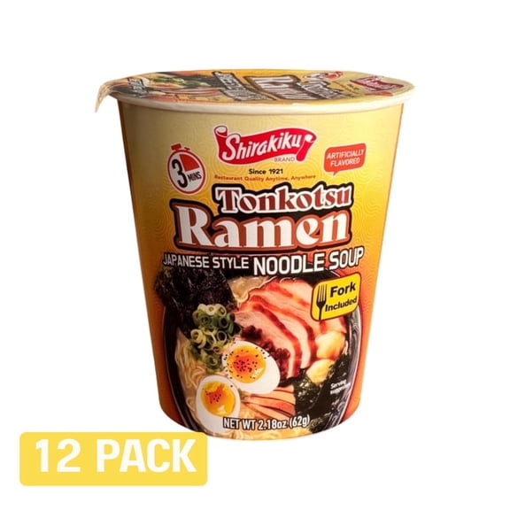 SHIRAKIKU Tonkotsu Ramen Japanese Instant Noodle With Fork, 2.18 oz, 12 pack