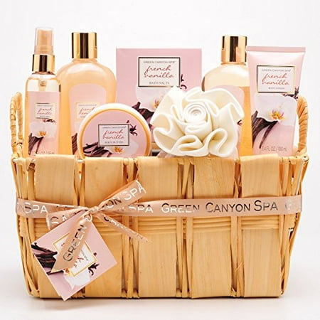 Gift Baskets Canada Spa - Green Canyon Spa Natural Wood Basket Gift Set in French Vanilla, 8-Piece Premium Bath and Body Spa Products (FRENCH VANILLA)
