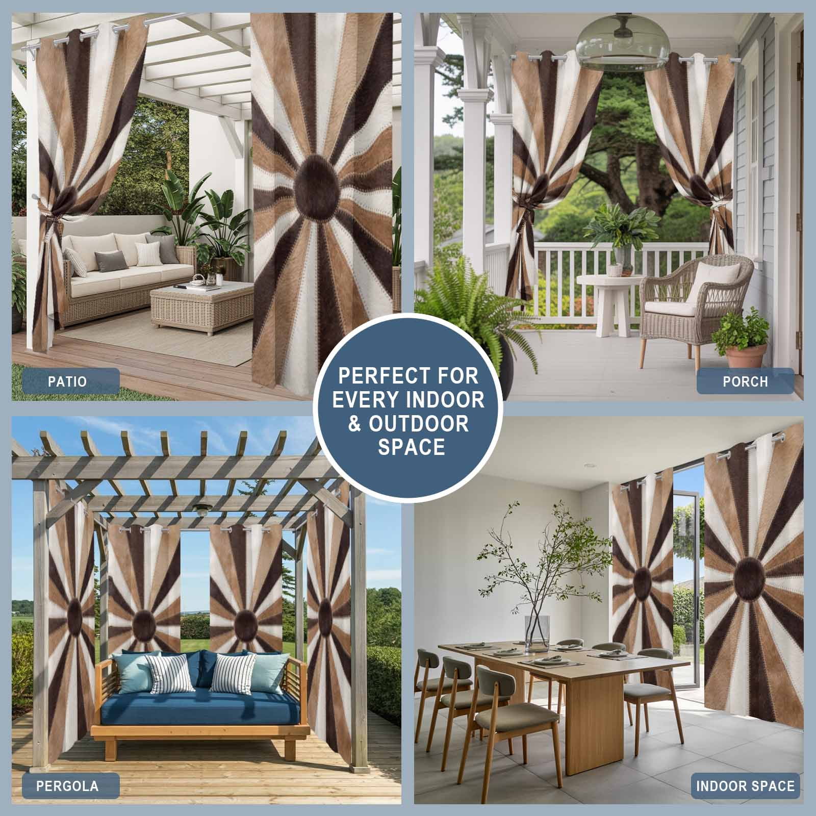 Radial Patchwork Outdoor Curtains for Patio, Country Abstract Beige Brown Cream Symmetrical Rays Sunshade Privacy Drapes Grommet Waterproof Outside Curtains for Porch/Cabana/Balcony 54"x108", 1 Panel