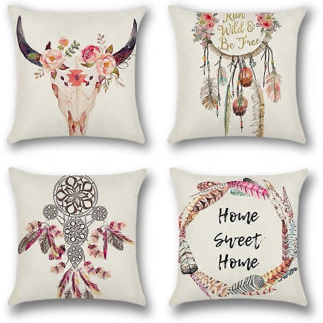 Juego de 4 fundas de cojín decorativas KAIYANG estilo indio lino 45 x 45 cm