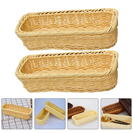 BESTONZON Multipurpose Woven Basket Beige Plastic for Cutlery and Sundries 2Pcs