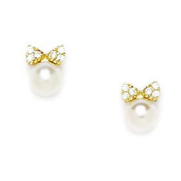 14k Yellow Gold White 5x5mm Freshwater Cultured Pearl and CZ Bow Screwback Earrings - Measures 7x6mm