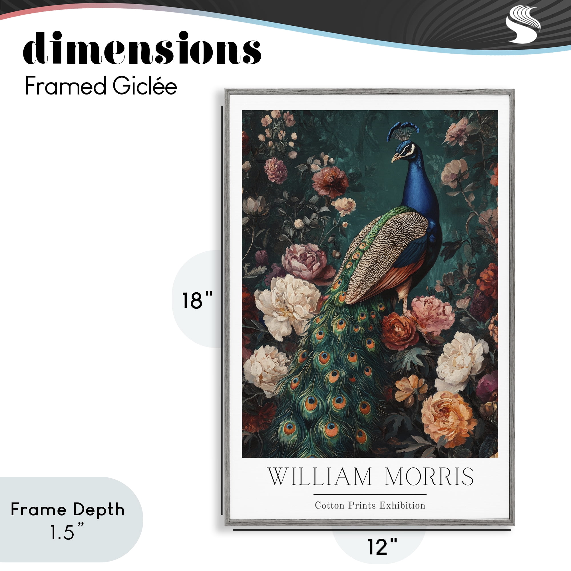 Stupell Industries Vintage Floral Peacock William Morris Gray Framed Giclee Art, design by Petal Prints Design