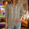 thumbnail image 4 of IPYUI Womens Linen Button Down Shirts Retro Embroidered Blouse Peasant Blouses Stylish Tops V Neck Ladies Tops And Blouses Gauzy Tops Boho Top 3/4 Length Sleeve Tops Loose Fit Shirts Elbow Sleeve, 4 of 9