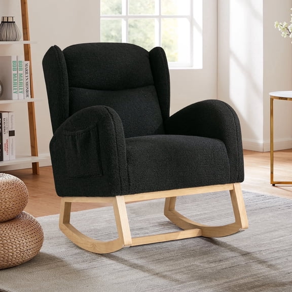 FFH Rocking Chair, Nursery Rocker with Side Pocket, Teddy Black