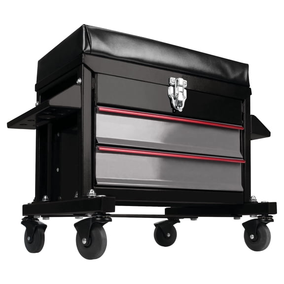 Performance Tool W85024 Drawer 2-Drawer Rolling Toolbox Work Seat - For Mechanic Garages and Workshops, 16x9-inch Seat, Black
