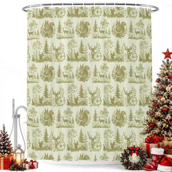 Rustic Christmas Tree Reindeer Shower Curtain for Bathroom, Xmas Wreath Seamless Waterproof Shower Curtains Washable Quick Dry with Hooks Bathtub Curtains 36x72IN