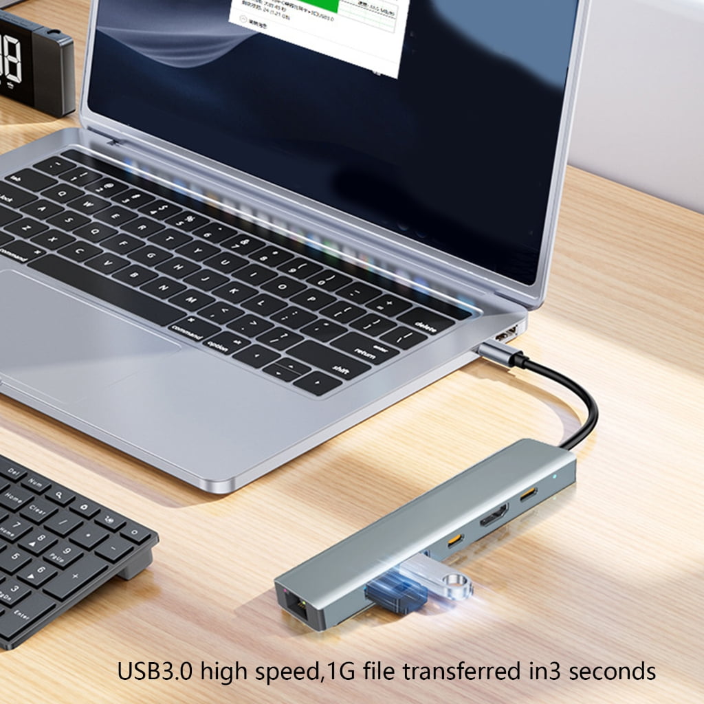 PatungKu 6 in 1 USB C Docking Station Multiport Adapter Gigabit Ethernet 2xUSB3.0 4K HDTV