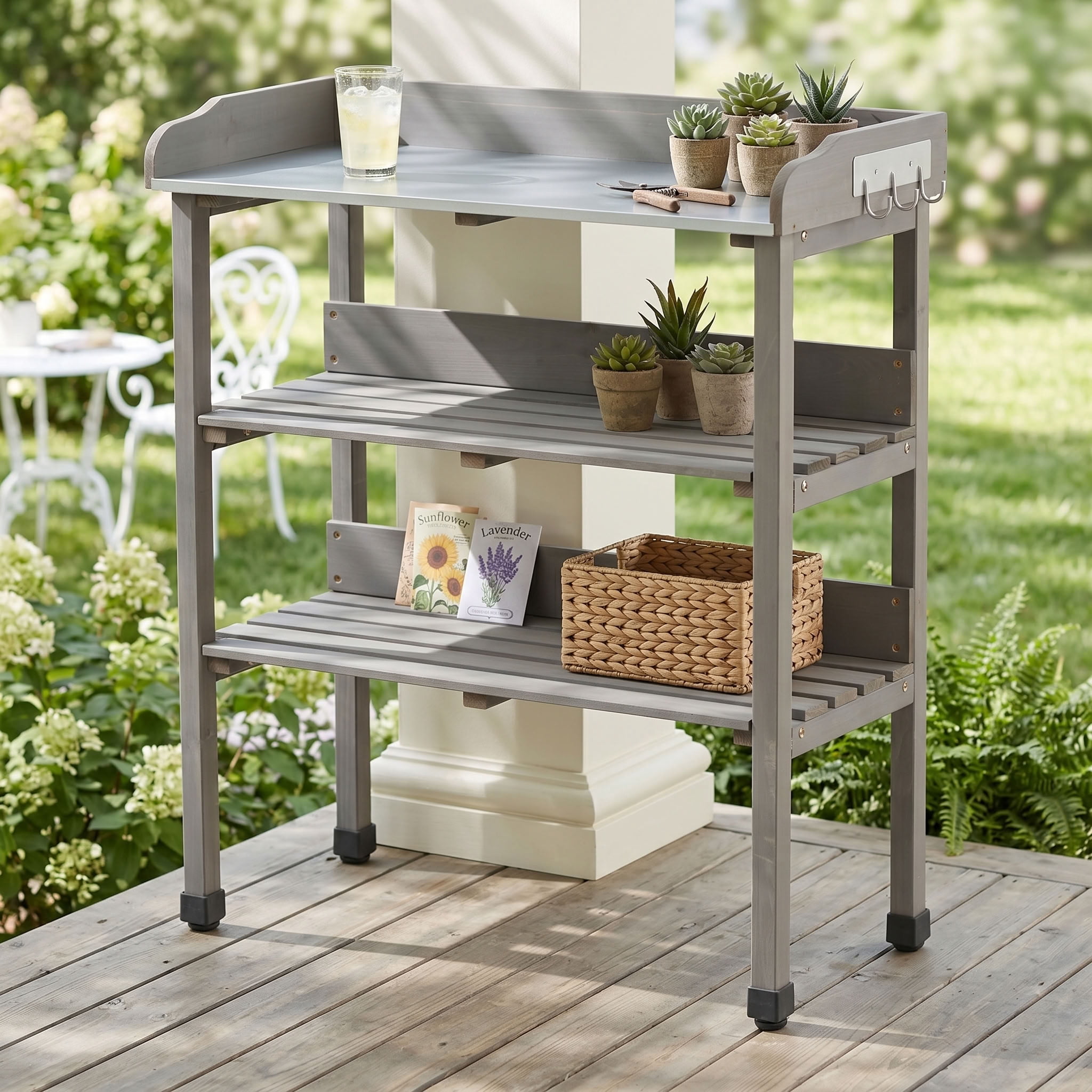 MAYEERTY 3-Tier Potting Table, Outdoor Work Bench with Metal Tabletop, Built-In Hooks & Adjustable Feet, for Garden, Patio, Garage, Workshop