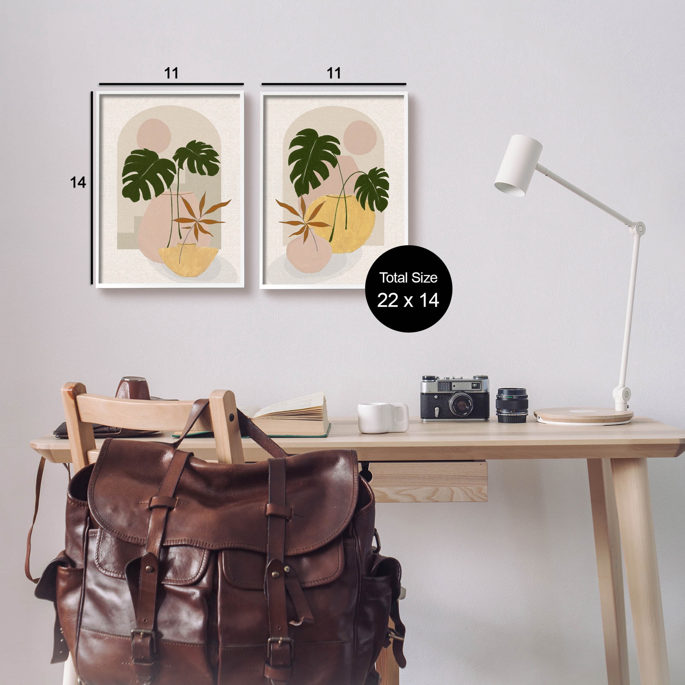 Boho Monstera Archway Landscape Botanical & Floral Painting White Framed Art Print Wall Art, Set of 2