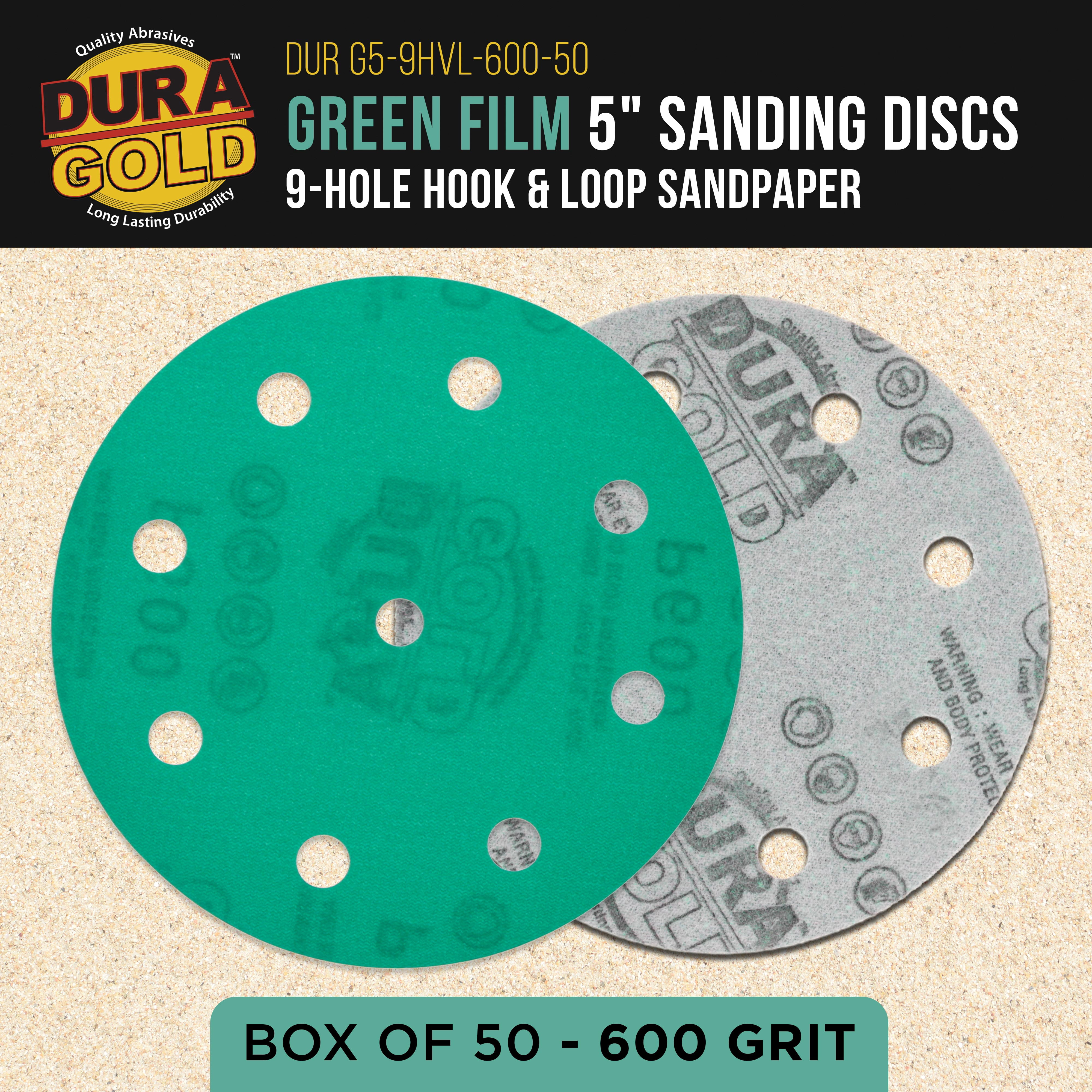 Dura-Gold Premium 600 Grit 5" Green Film Sanding Discs, 9-Hole Pattern, Box of 50 - Heavy-Duty Dustless Hook & Loop Backing Sandpaper for DA & Random Orbital Sanders, Sand Auto Paint, Wood, Furniture