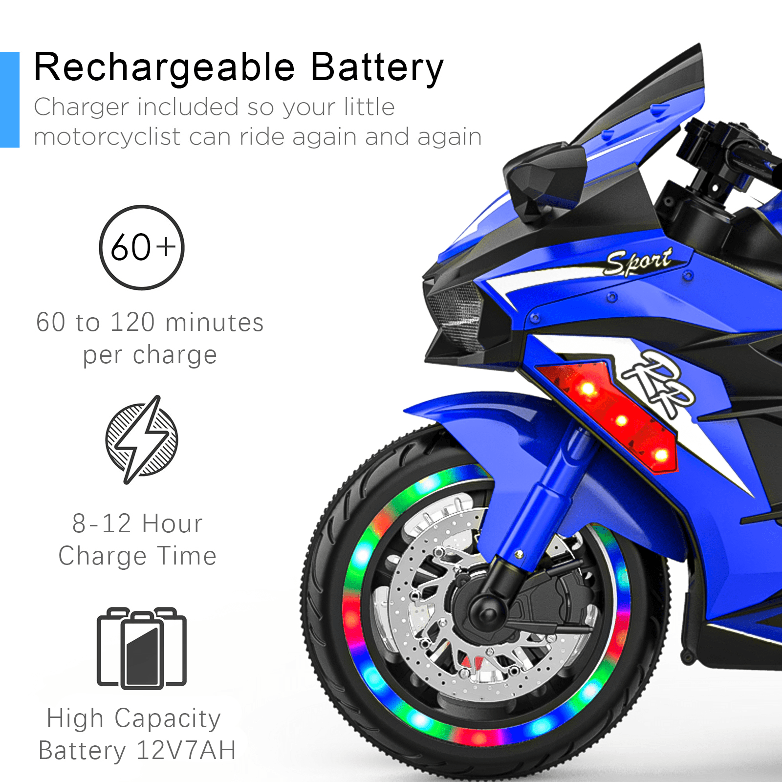 Werseon 12 Volts Kids Motorcycle, Electric Ride On Toy for Ages 3-6, 3-Wheels Lights, Sounds, Bluetooth Speaker, Blue