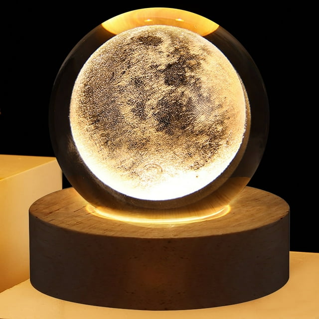 Lámpara de noche BVRO con bola de cristal 3D, luz blanca cálida, base de madera, 2,3 pulgadas, decoración de fantasía