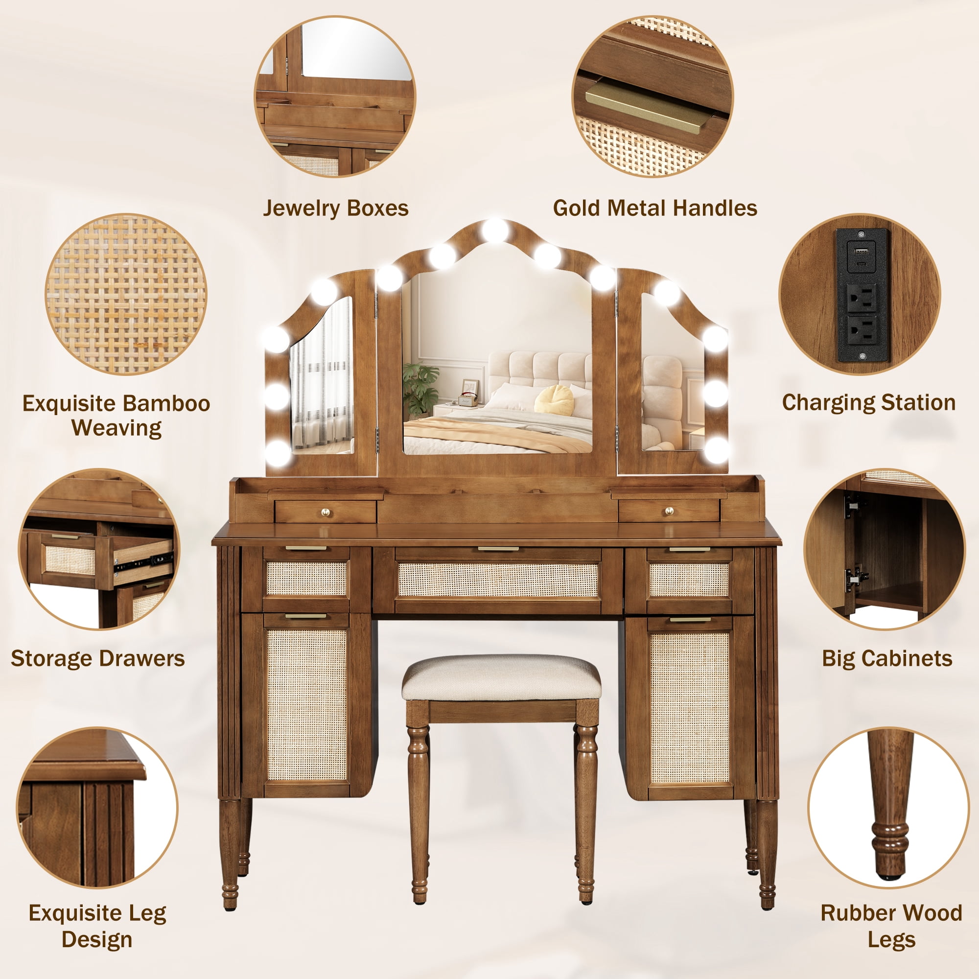 Aukfa Luxury Makeup Vanity Set with Tri-Fold Mirror & Lights, Large Vanity Desk with 5 Drawers, Tool and Built-In Outlets,Espresso