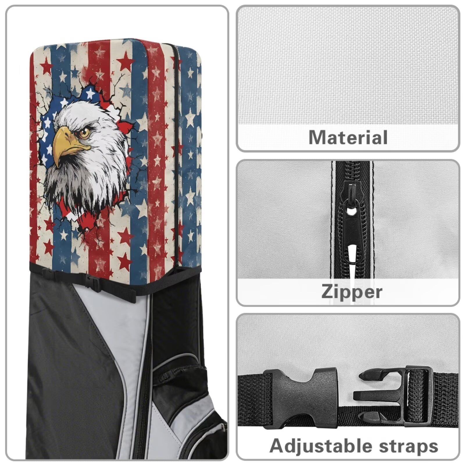 Chririnla Eagle Golf Bag Rain Cover American Flag Waterproof Dustproof Hood with Snap Button & Zipper Universal Fit for Most Tour Bags, Carry Bags, Cart Bags & Stand Bags